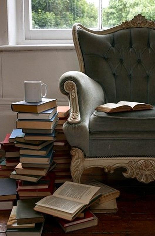 Book Stack with Coffee and Armchair