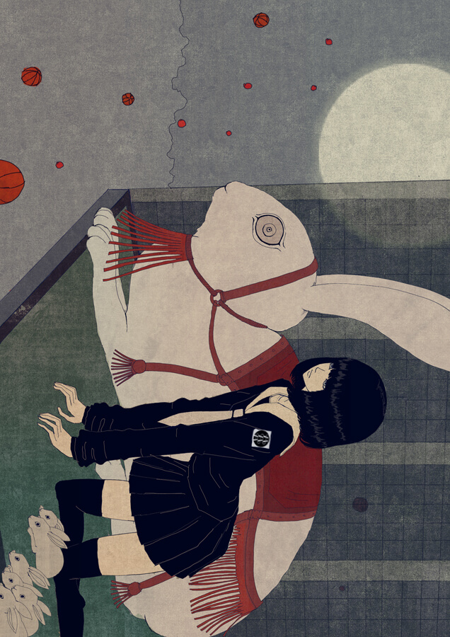 Ghostly bunny in red Saddle with Japanese High School Girl